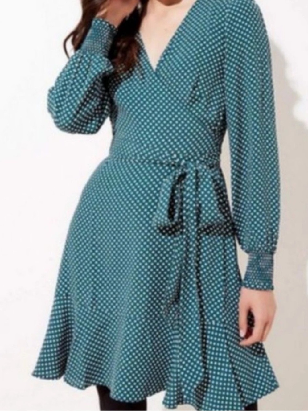 LOFT Polka Dot Wrap Dress Green & White